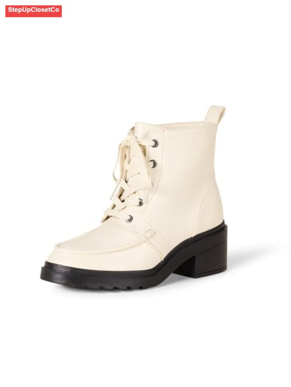 Faux Leather Lace Up Moc Toe Combat Boots Chunky Heel